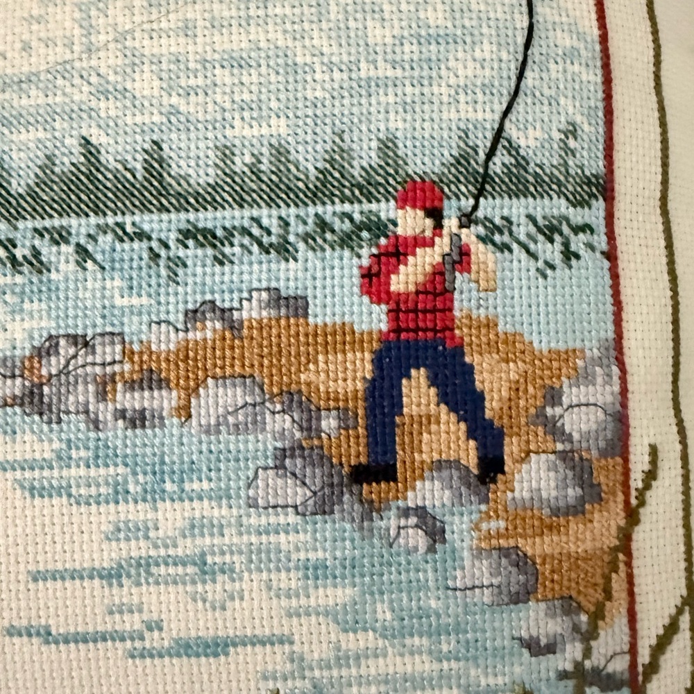 Fishing Scene Embroidered Pillow - Picture 2 of 5